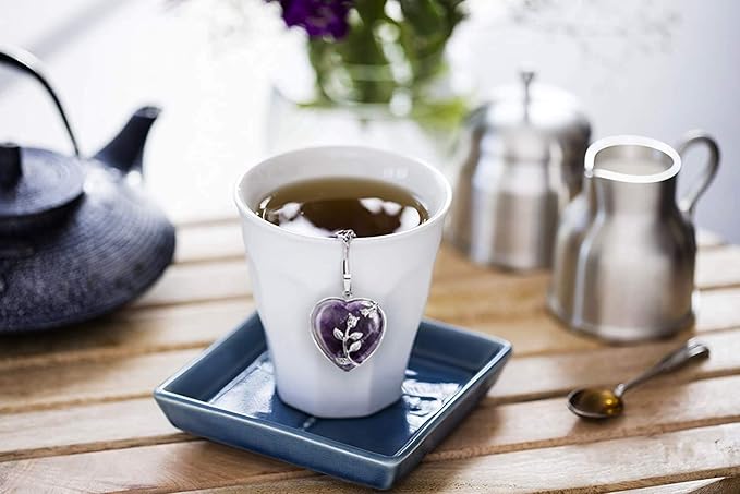 Tea Infuser Tea Strainers for Loose Tea Amethyst Crystal Heart Pendant Tea Filter Infinity Love Heart Handmade Gemstone Tea Ball with Extended Chain Hook for Brew Fine Loose Tea Gift