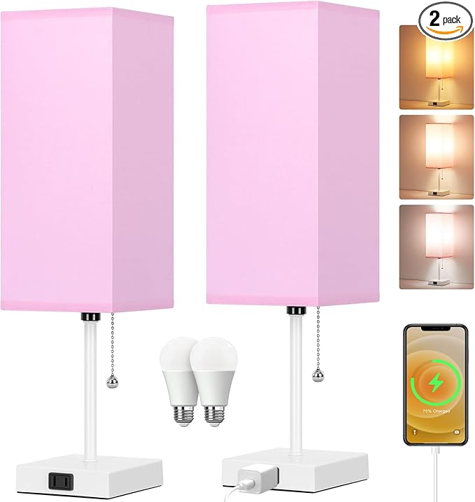 18'' Table Lamp for Bedroom set of 2,3-Color Bedside Lamps with Pull Chain Table Lamps for Night stands ,Small Night Light Lamps with 2 Bulbs Lamps for Living Room Kids Room Office Decor（Pink+White） - Bloomnest