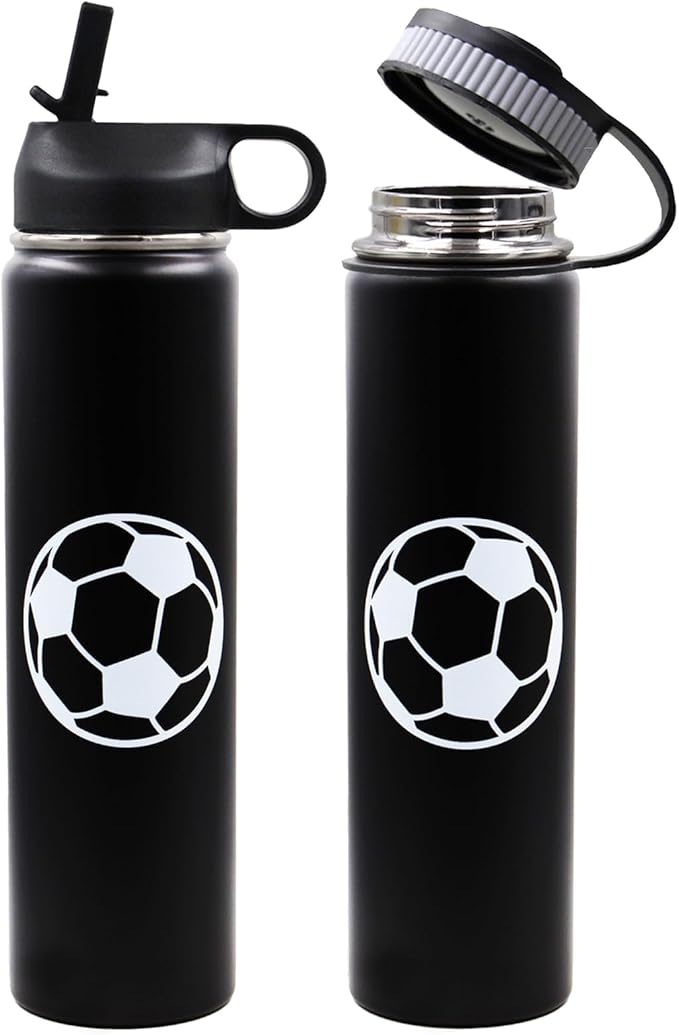 25 oz Soccer Water Bottle with Straw, Sports Flask Metal Travel Tumbler with 2 Lids, BPA Free Stainless Steel Double Wall Vacuum Insulated Leak Proof Thermo Water Bottles, Soccer Gifts for Boys Girls - Bloomnest