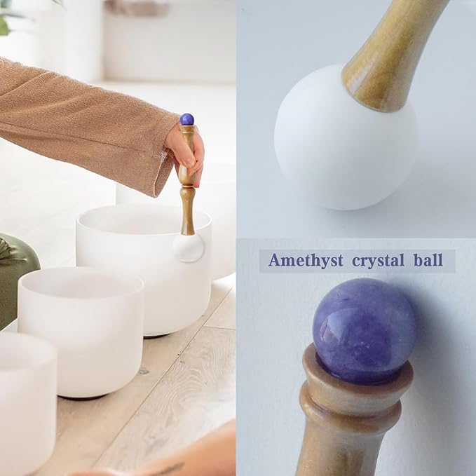 Singing Bowl Mallet,Rubber Mallet Striker with Silicone Head and Wooden Handle and Crystal Sphere for Playing Quartz Crystal Singing Bowls(Purple) - Bloomnest
