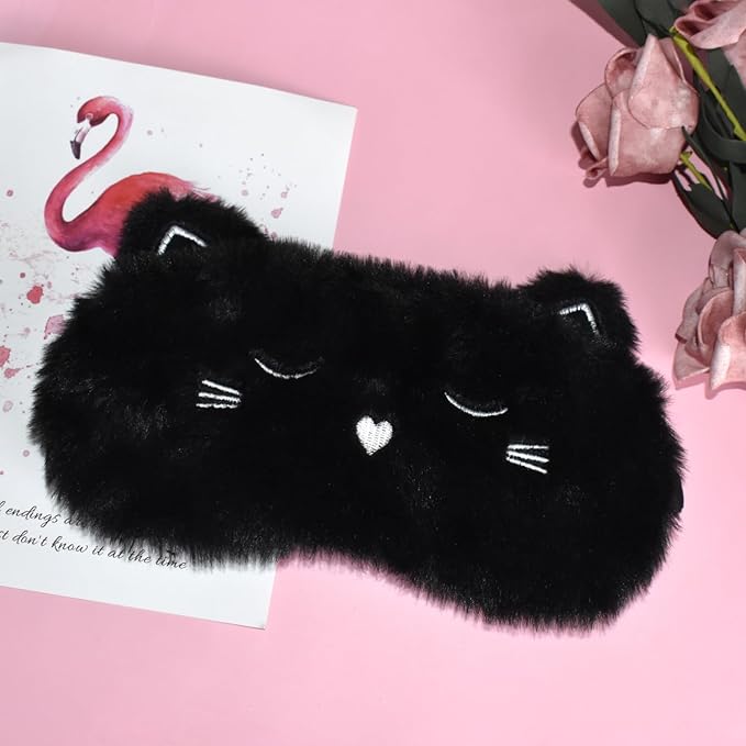 Cute Cat Sleeping Mask Eye Mask Funny Animal Kitten Sleep Mask Soft Plush Blindfold Travel Eye Cover Eyeshade for Kids Adults Girls Boys Women Men (Cat, Black) - Bloomnest