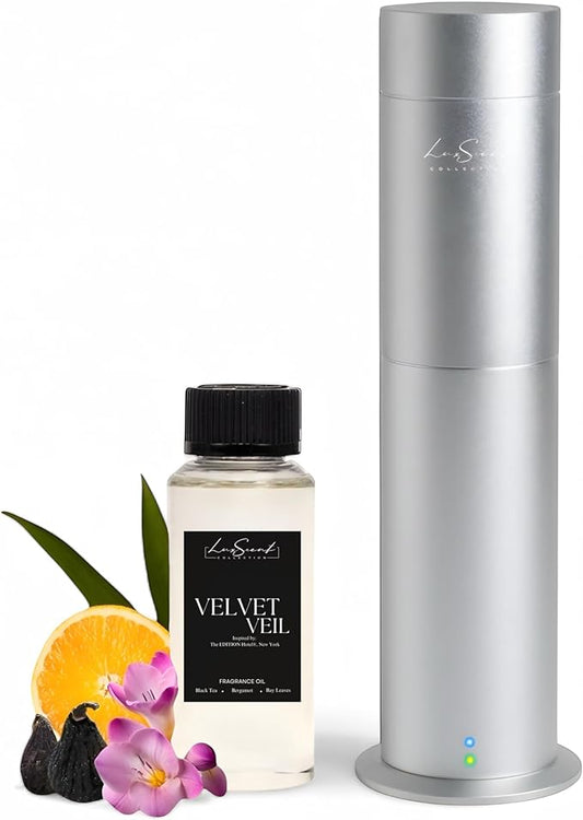 Aroma Scent Diffuser Starter Kit for Up to 1000SQ. FT. Coverage - 120ML Waterless Essential Oil Scent Included - Luxury Aroma Diffuser Ideal for Home, Office & Hotel (Silver, Velvet Veil) - Bloomnest