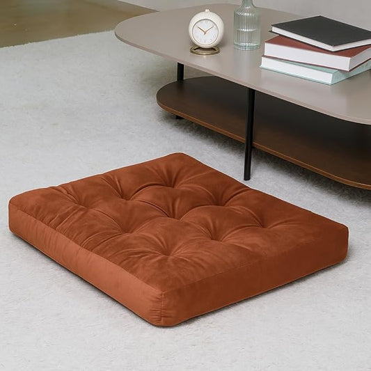 Velvet Floor Pillow,Square Large Pillows Seating for Adults, Brown Tufted Cushions for Meditation, Yoga, Tatami, Living Room, Chair, Machine-Washable & Dryer-Safe, Brown, 22x22 Inch - Bloomnest