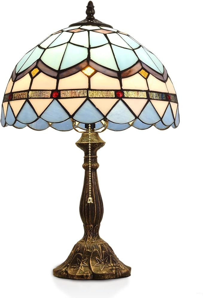 Tiffany Table Lamp, 12-inch Mediterranean Blue Style, Stained Glass Lamp for Living Room, Dining Room, Bedroom, Study Room, Office - Bloomnest