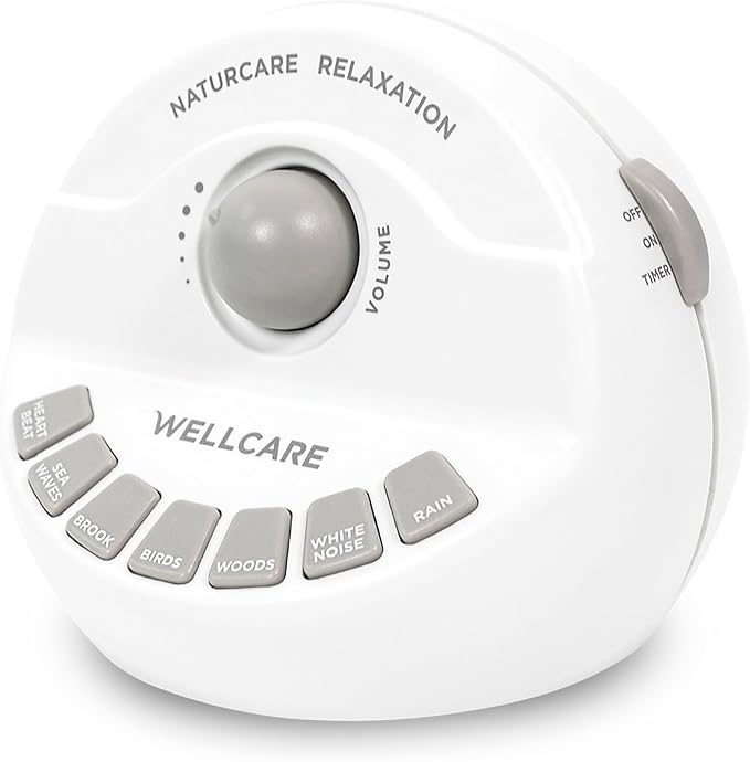 WELLCARE-Naturcare Sound Relaxation, White Noise, 7 Nature Sounds, Sleep Sound Machine, Calm Infants, for Baby, Kids, Adult. Stepless Volume, Timer, Powered by Adapter or Batteries(Both Not Incl.)