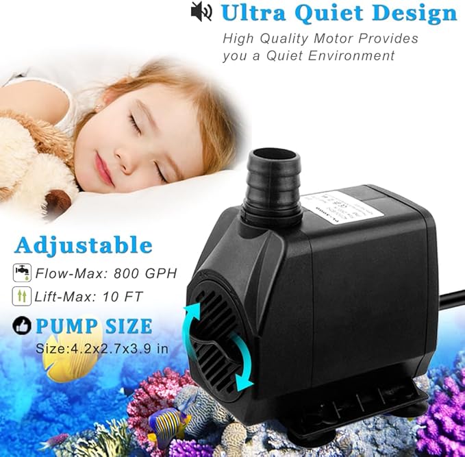 PULACO 800GPH（Large Flow: 3000L/H） Submersible Water Pump with 6.5 ft Tubing, 45W durable fountain water pump 4 Nozzles for Pond Fountain, Aquariums Fish Tank, Statuary, Hydroponics - Bloomnest