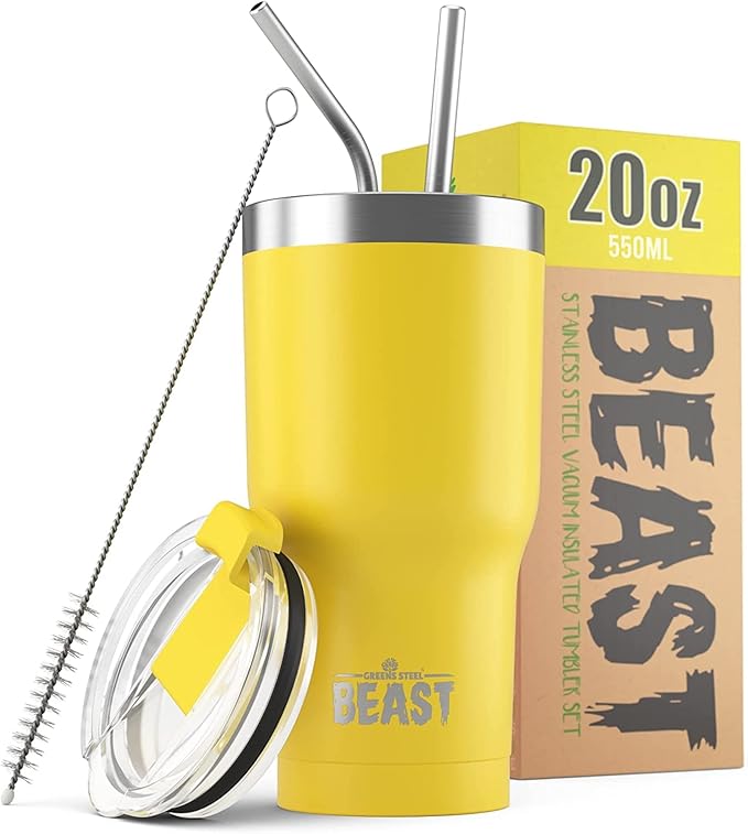 Beast 20 oz Tumbler Stainless Steel Vacuum Insulated Coffee Ice Cup Double Wall Travel Flask (Lemon) - Bloomnest