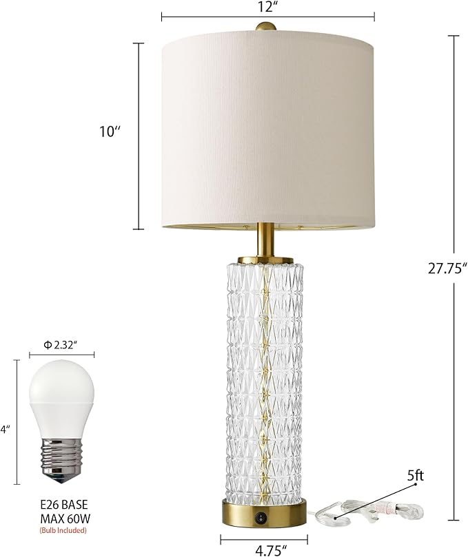 Oneach 27.75” Table Lamps Set of 2, Gold Modern Bedside Lamp with LED Night Light, USB A+C, Glass Lamps for Living Room, Bedroom, Nightstand, Office, End Table (2 Bulbs Included) - Bloomnest