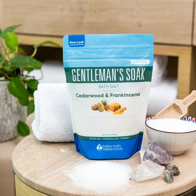 Gentleman's Bath Salt 32 Ounces Epsom Salt with Natural Cedarwood, Frankincense, Eucalyptus and Peppermint Essential Oils Plus Vitamin C in BPA Free Pouch with Easy Press-Lock Seal - Bloomnest