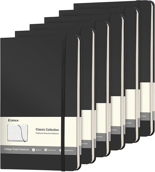 Comix 6 Pack Lined Journal Notebooks for Work, 240 Pages, 5.5"x8.3", Black, Hardcover, A5 Medium College Ruled, Journaling Notebooks for Notes-taking, Fits for Office School Home - Bloomnest