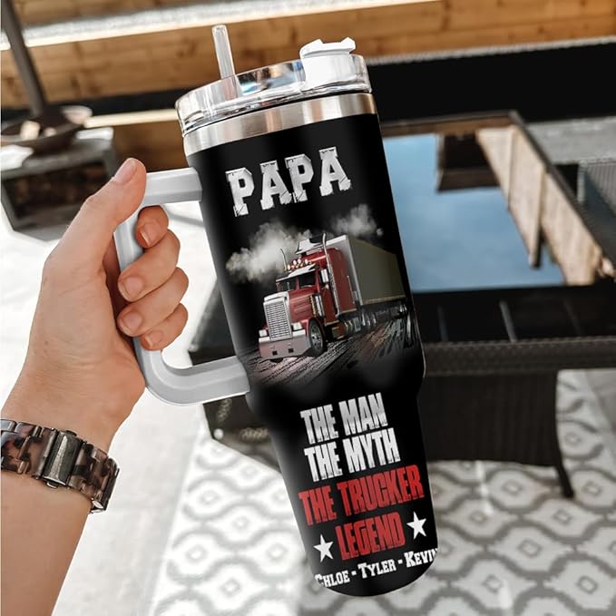 Personalized Trucker Dad Tumbler 40oz with Handle and Straw, Custom Semi Truck Design with Kids’ Names, Gift for Truck Driver Papa or Grandpa for Father’s Day, Birthday or Christmas - Bloomnest