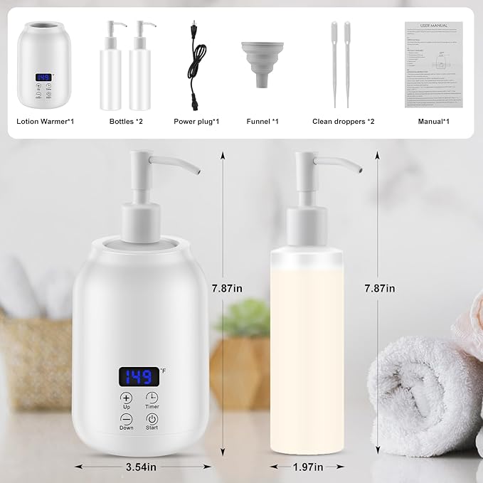 Massage Oil Heater Warmer,with ℃/℉ Switchable Display, Two Oil Dispenser Bottle，Constant Temperature,Body Oils Heater for Spa, Salon and Barber Shops,White - Bloomnest