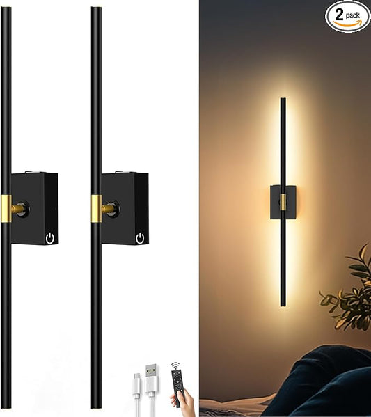 Battery Operated Wall Sconces Set of 2: 10000mAh Rechargeable Wall Lights with Remote Control, 360° Rotate Wireless Wall Scone Decor for TV/Mirror Bedroom Living Room, 31.5 Inch, Black - Bloomnest