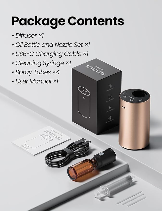 Waterless Essential Oil Diffuser, Rechargeable Scent Diffusers with 3 Mist Levels & Timers, Portable Aromatherapy Diffuser for Home Car Room Studio Office, Desert Titanium - Bloomnest
