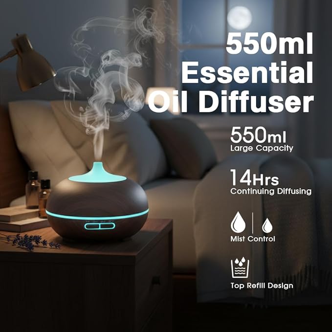 550ml Large Capacity Essential Oil Diffuser with 6 Essential Oil Set, Aromatherapy Ultrasonic Air Humidifier with Timer Setting, 7 Color LED Night Light and Waterless Auto-Off Functions for Home, Spa - Bloomnest