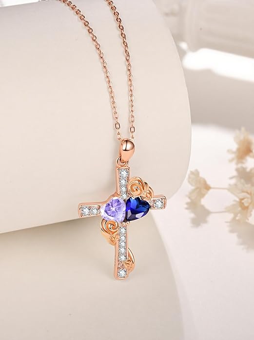 Rose Gold Dual Birthstones Cross Necklace for Women Rose Flower Jewelry Anniversary Christmas Mother's Valentine's Day Birthday Gift for Wife Girlfriend Mom - Bloomnest