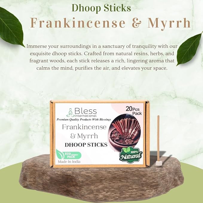 Bless-International Frankincense-and-Myrrh-100%-Natural-Incense-Bambooless-Dhoop-Sticks Handmade-Organic-Chemicals-Free for-Relaxation-Positivity-Yoga-Meditation The-Best-scents-4.5-Inches-20-Sticks BlessInternational