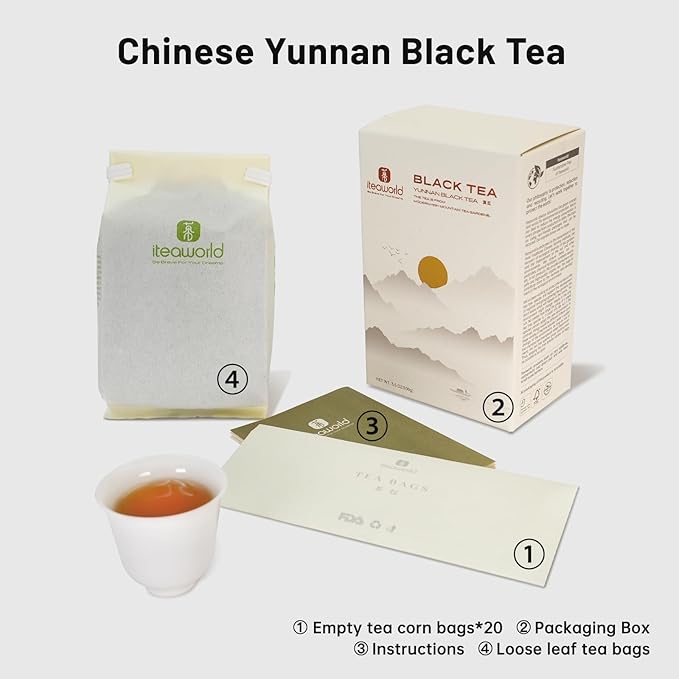 iTeaworld Yunnan Black Tea Loose Leaf, Non-GMO, No Sweetener, Authentic Chinese Tea, Honey & Sweet Potato Aroma, Strong tea,20 Corn Tea Bags for Black Tea Beginners - 1 Pack (3.5 oz) - Bloomnest