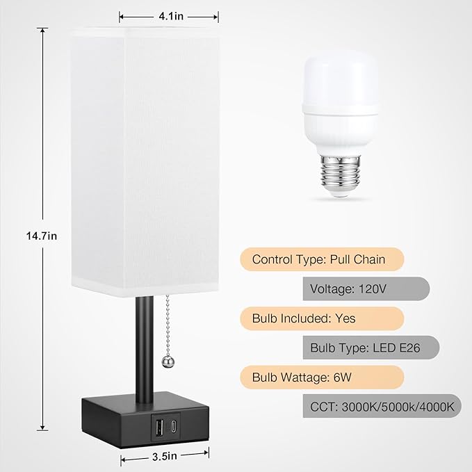 White Small Table Lamp for Bedroom - 3 Color Temperature 3000K 5000K 4000K Bedside Lamp, Pull Chain Control, USB A and C Charging Ports, Black Base, for Kids Office Dorm Nightstand, Bulb Included - Bloomnest