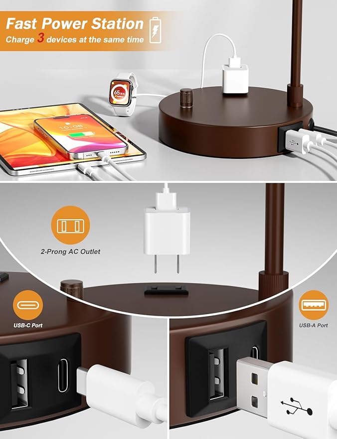 Innqoo Gray Tall Table Lamp with USB Port and Outlet, Dimmable Nightstand Bedside Lamps with Linen Lampshade, Desk Lamp for Bedroom, Living Room, Guest Room, Home Office, LED Bulb Included - Bloomnest