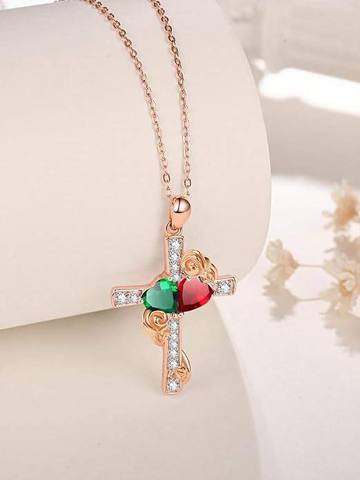 Rose Gold Dual Birthstones Cross Necklace for Women Rose Flower Jewelry Anniversary Christmas Mother's Valentine's Day Birthday Gift for Wife Girlfriend Mom - Bloomnest