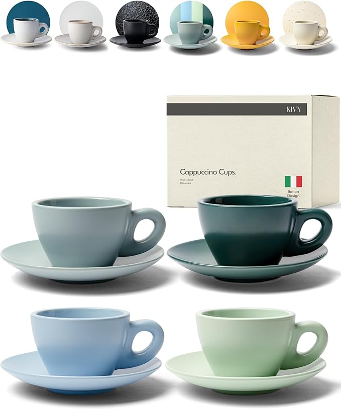 KIVY Cappuccino cups set of 4 [8oz] - Thick-walled stoneware cappuccino cup set for latte art - Cappuccino coffee cups - Tazas de cafe - Latte cups - Latte art cup and saucer set of 4 - Green, Blue - Bloomnest