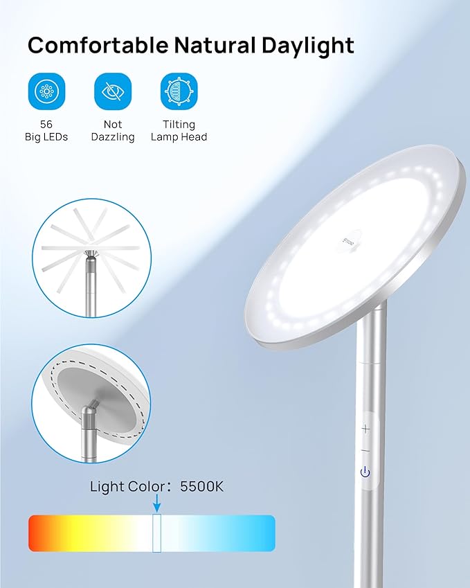 TROND Floor Lamp, LED Torchiere Uplight Lamp, 5 Brightness Aluminum Modern Standing Light, 5500K Natural Daylight, 5000 lm, 71in Tall, 30 Mins Timer, Detachable, for Office Living Room Bedroom, Silver - Bloomnest