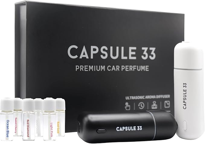 Car Perfume Starter Pack, Car Air Freshener, Ultrasonic Aroma Diffuser, 6 Fragrances (White Crystal, Red Diamond, East Gold, Ocean Blue, Sweet Cherry, Light Pink) (White) - Bloomnest
