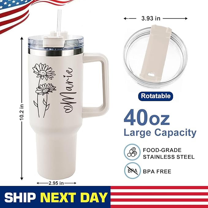 ThermoThrill Ships Next Day, Personalized 40 Oz Tumbler with Handle and Straw Custom Tumbler with Text Stainless Steel Mug Birthday Gifts for Women - Bloomnest