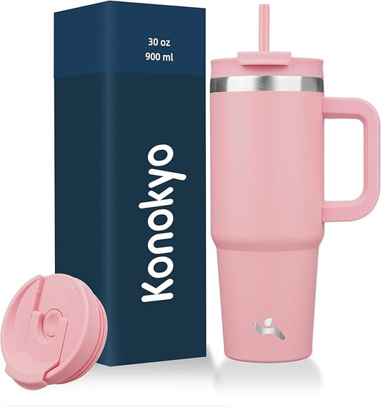 30 oz Tumbler with Handle and 2 Straws,2 in 1 Lid Insulated Water Bottle Stainless Steel Travel Coffee Mug,Pink - Bloomnest