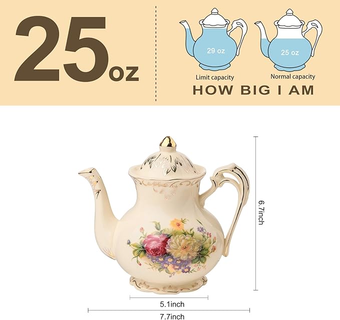 YOLIFE Flowering Shrubs Teapot, 25 oz/ 3 Cup Vintage Ivory Ceramic Tea Pot, Ivory Floral Teapot with Gold Trim - Bloomnest