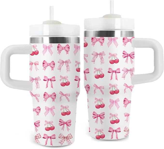 Bow Gifts for Girls - 14oz Pink Kids Bowknot Themed Tumbler with Handle and Straw, Stainless Steel Insulated Water Cup, for Sport, School, Travel - Cute Pink Bow Themed Children Birthday Gift Cup(1pc) - Bloomnest