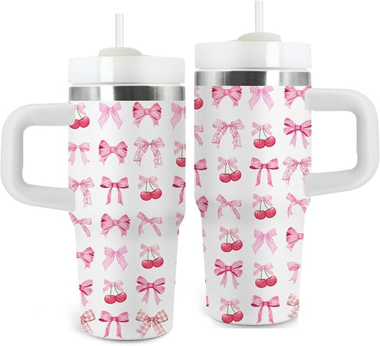 Bow Gifts for Girls - 14oz Pink Kids Bowknot Themed Tumbler with Handle and Straw, Stainless Steel Insulated Water Cup, for Sport, School, Travel - Cute Pink Bow Themed Children Birthday Gift Cup(1pc) - Bloomnest