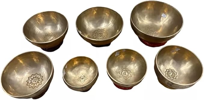7 Chakra Singing Bowl Set – Tibetan Singing Bowl Set of 7 – Handcrafted Healing Bowls (5"–10") – Chakra Symbols with Lotus Flower Carving – Meditation & Sound Therapy Bloomnest