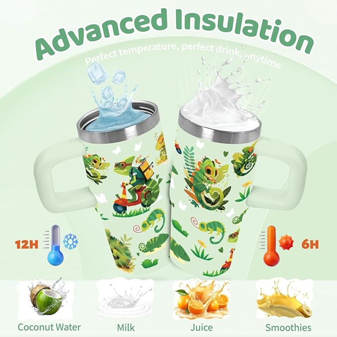 14oz Chameleon Tumbler with Handle and Straw, Stainless Steel Vacuum Insulated Tumblers, Birthday Gifts for Chameleon Lover, Daughter, Son, Sister - Bloomnest