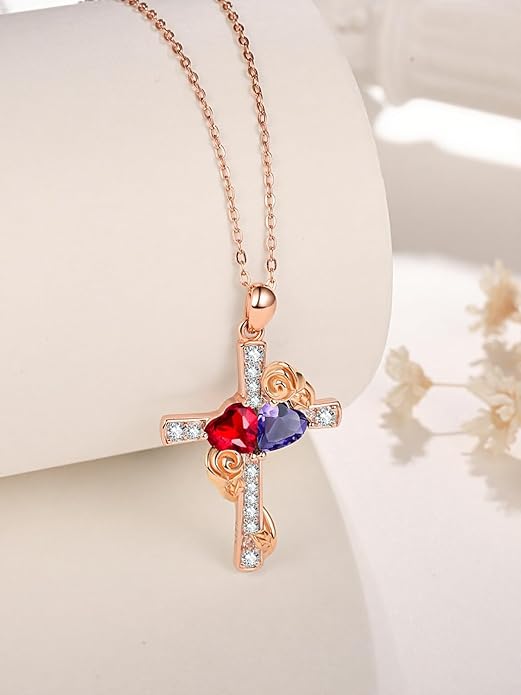 Rose Gold Dual Birthstones Cross Necklace for Women Rose Flower Jewelry Anniversary Christmas Mother's Valentine's Day Birthday Gift for Wife Girlfriend Mom - Bloomnest