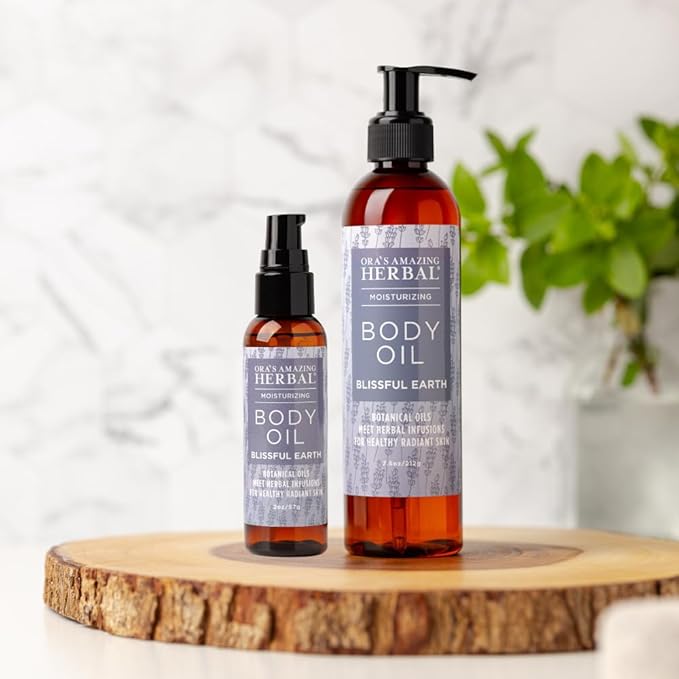 Lavender Bath Oil, Herbal Infused Moisturizing Body Oil for Women with Organic Jojoba Calendula Thyme Vetiver for Relaxation & Dry Skin, Blissful Earth Scent with Pump 7.5 oz