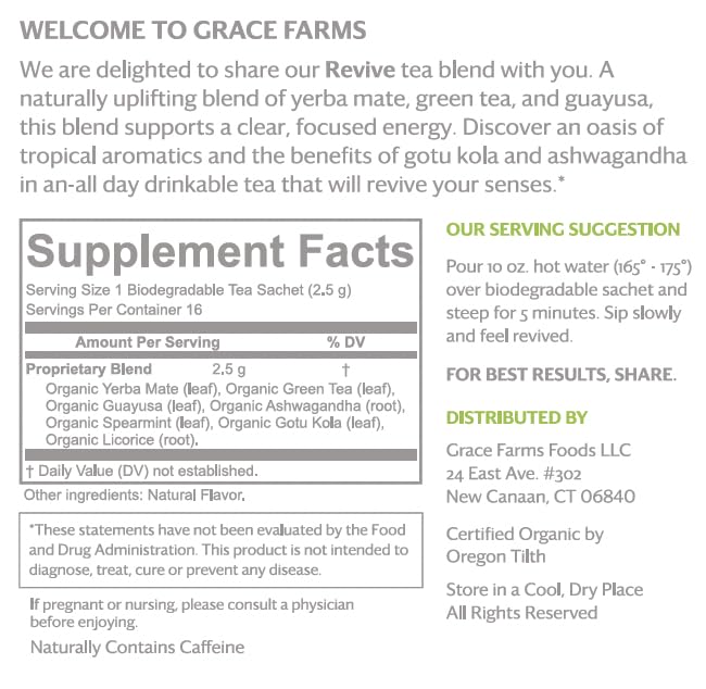 Grace Farms REVIVE Wellness Organic Tea Blend (16 Pyramid Sachets) | Yerba Mate, Green Tea, & Adaptogens | Natural Energy Coffee Replacement | Fairtrade & Kosher | Gives Back 100% of Profits - Bloomnest