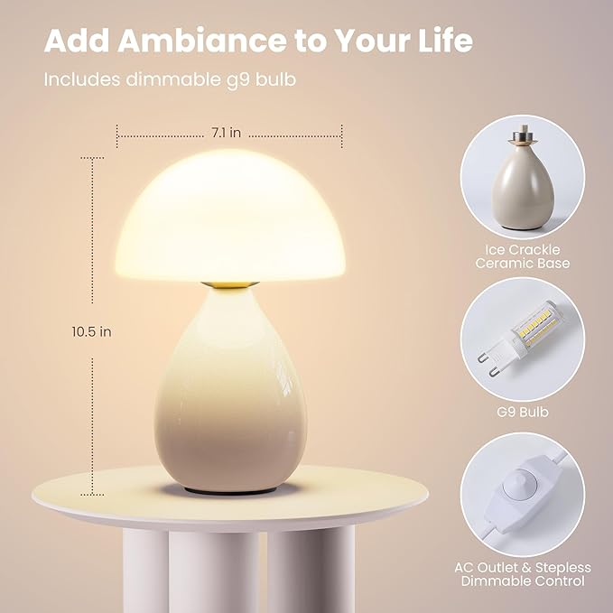 Mushroom Lamp Small Vintage Table Light, Mini Modern Lamp Bedside Nightstand LED, Small Light Dimmable for Bedroom, Living Room, Ceramic Base Glass Led Home Decor for Woman Gifts - Bloomnest