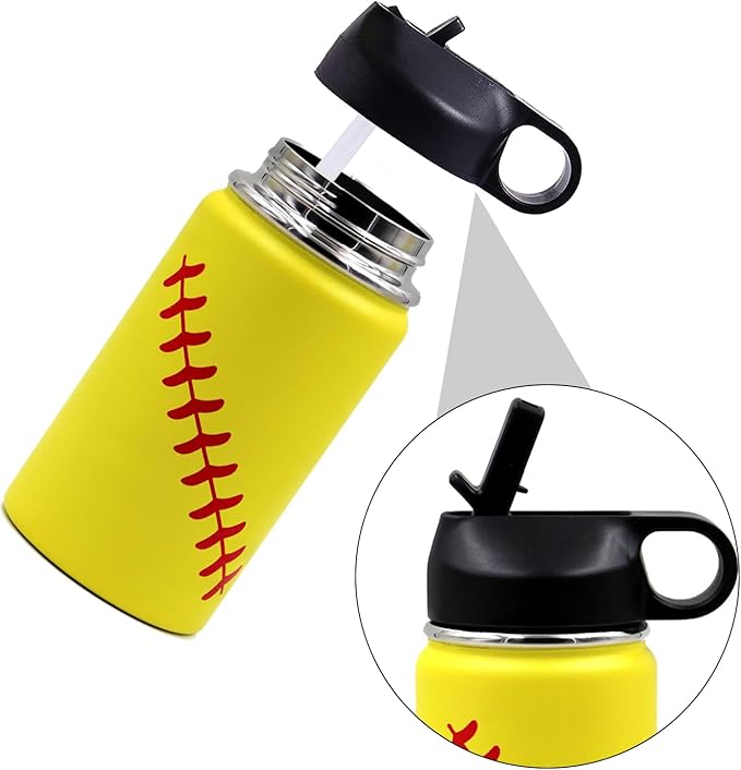 12 oz Softball Water Bottle, Wide Mouth Sports Flask Metal Travel Tumbler with 2 Lids, Stainless Steel Double Wall Vacuum Insulated Leak Proof Thermo Water Bottles, Softball Stuff Gifts for Mom Girls - Bloomnest
