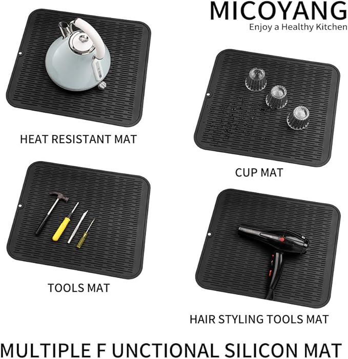 Silicone Dish Drying Mat for Multiple Usage,Easy clean,Eco-friendly,Heat-resistant Silicone Mat for Kitchen Counter or Sink,Refrigerator or Drawer Liner Black XL 18 inches x 16 inches - Bloomnest