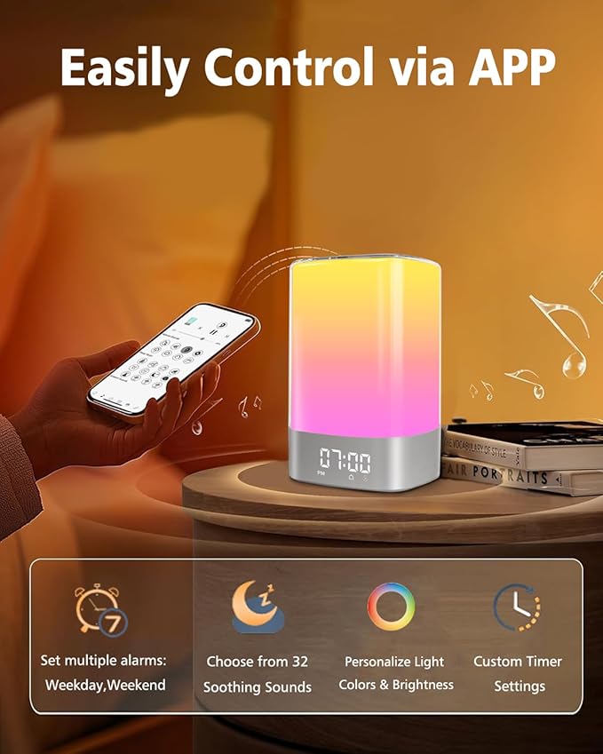 Sound Machine White Noise Machine with 32 Soothing Sounds, Bluetooth Speaker, Alarm Clocks for Bedrooms with Wake up Light, Night Light for Kids, App Control Birthday Gifts for Women, Teen Girls, Boys - Bloomnest