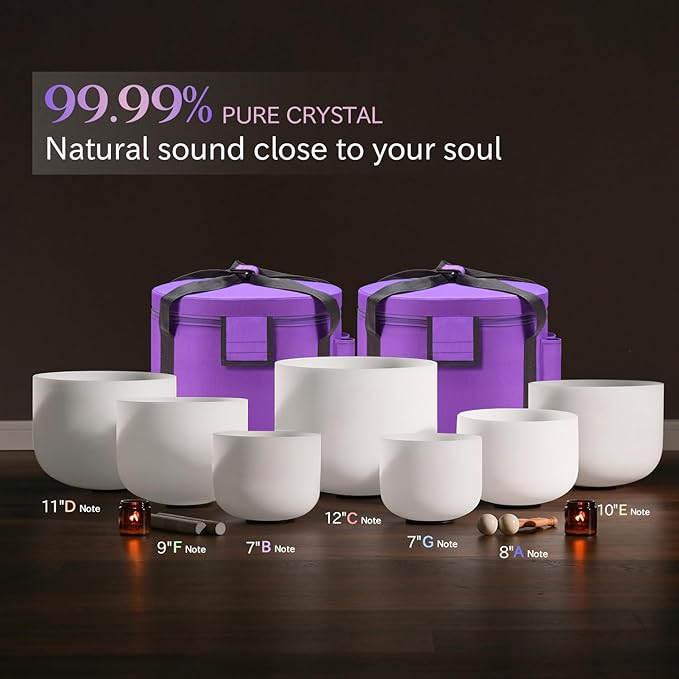 CVNC 432HZ 7-12 Inch Set Of 7 Pcs Frosted Quartz Crystal Singing Bowls With 2 Pcs Carrying Case bag Sound Healing - Bloomnest