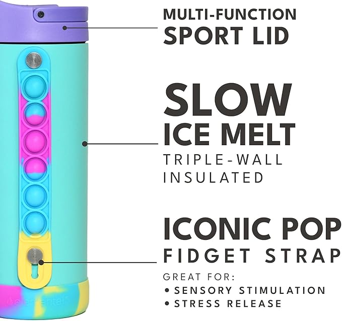 Elemental Iconic Kids Water Bottle with Straw Lid & Stress Relief Pop It Handle, Leak-Proof When Closed, Triple Insulated Kids Stainless Steel Water Bottle For Girls and Boys, 14oz - Blue Tie Dye - Bloomnest