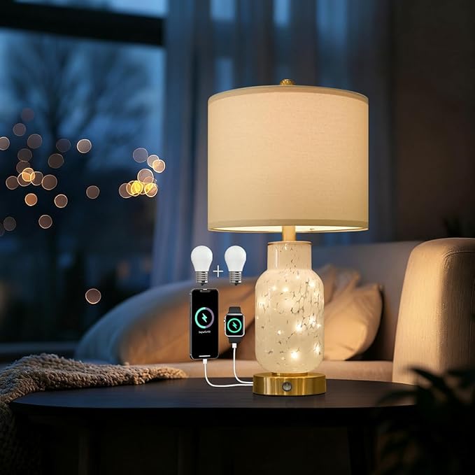 Oneach 22" Glass Table Lamps Set of 2, White Modern Bedside Lamp with LED Night Light for Living Room, Nightstand Lamp with USB Ports for Bedrooms, Study Room, End Table(2 Bulbs Included) - Bloomnest