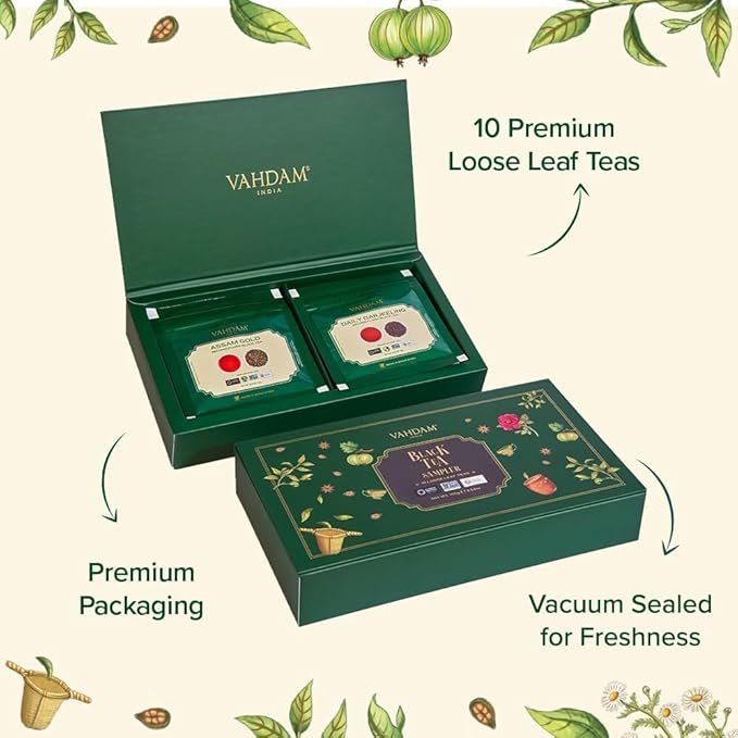 VAHDAM, Assorted Black Tea Loose Leaf Tea Gift Set (10 Flavors) Gift Ideas for Women & Men | Directly Sourced From Assam and Darjeeling | Resealable Ziplock Pouch | Gifts for Him/Her - Bloomnest