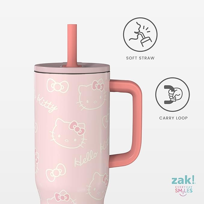 Zak Designs Sanrio Sutton Travel Tumbler for On the Go, 30oz Stainless Steel with Vacuum Insulation, Silicone Straw, and Carry Handle for Cold Drinks (Hello Kitty) - Bloomnest