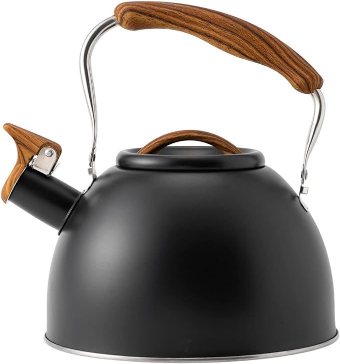 3.2 Quart Whistling Tea Kettle for Stove Top Stainless Steel Tea Pots With Wood Pattern Anti-slip Handle, Black… - Bloomnest