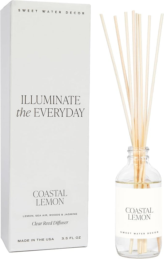 Sweet Water Decor Coastal Lemon Clear Reed Diffuser – Room Decor Aesthetic with Long-Lasting Premium Fragrance of Lemon, Sea Salt, Jasmine & Driftwood for 4 Months – Ideal for Home Décor