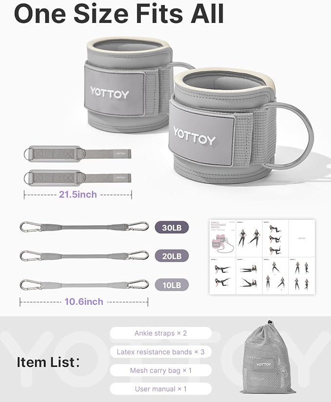 YOTTOY Ankle Resistance Bands with Cuffs, Adjustable Ankle Straps for Leg & Glute Workout, Butt Exercise Bands for Cable Machines Women, Perfect for Hip Fitness & Booty Training